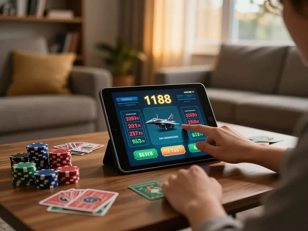 Player using F168 app for online betting on a tablet in a cozy living room.