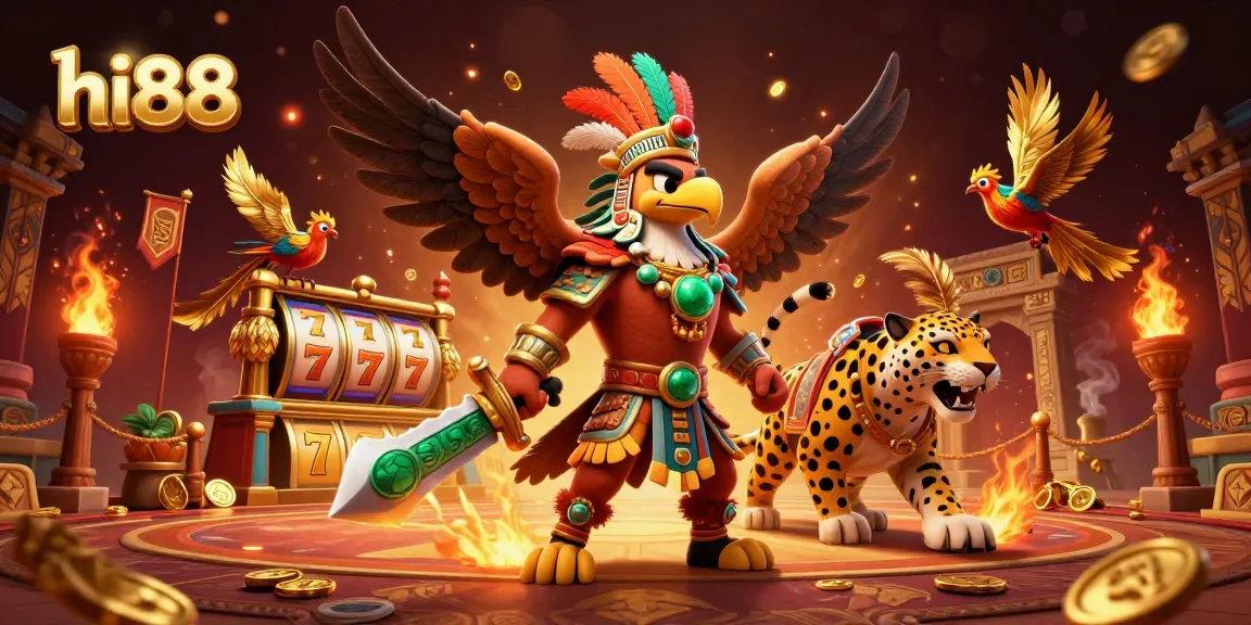 Play thrilling games at hi88 featuring an Aztec warrior, jaguar, and vibrant slot elements combined in a dynamic casino scene.