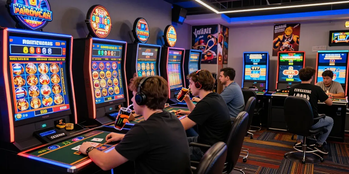 Excited players engaging in KK55 online casino games in a vibrant gaming lounge showcasing dynamic visuals.