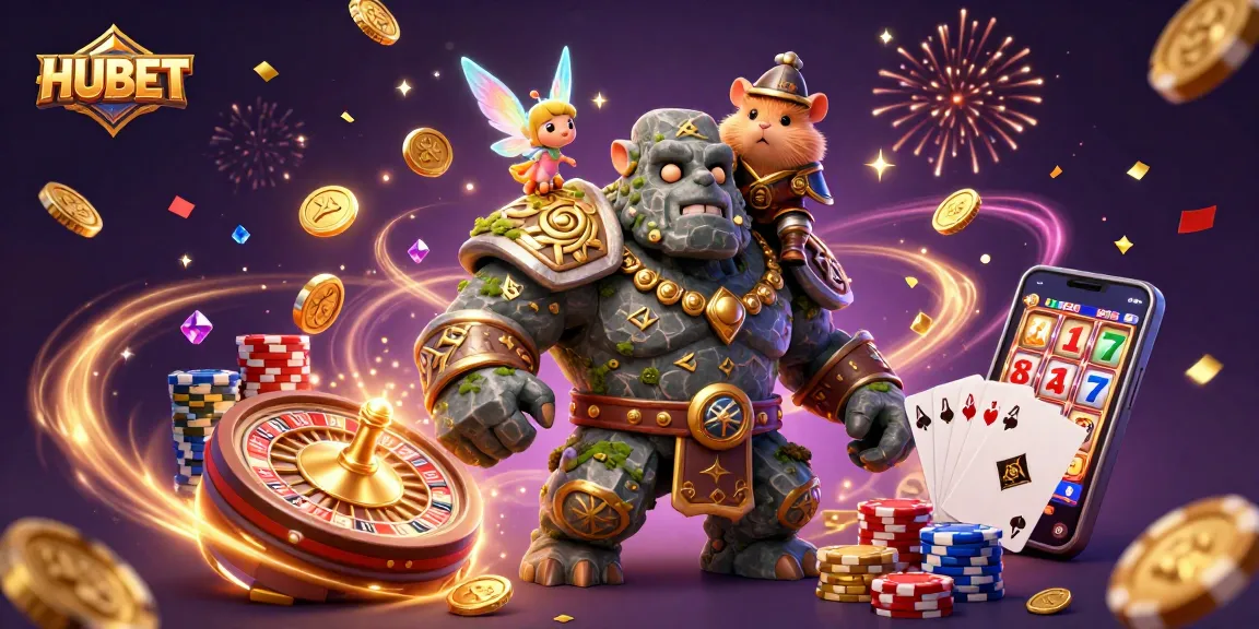 HUBET enhances the gambling experience with a vibrant scene including a magical golem and fantasy elements.