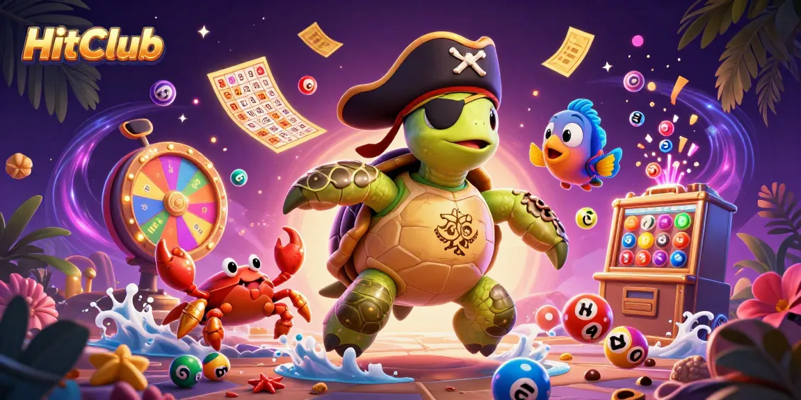 HitClub showcases a vibrant scene of animated characters celebrating with lottery elements amidst a dazzling ocean backdrop.