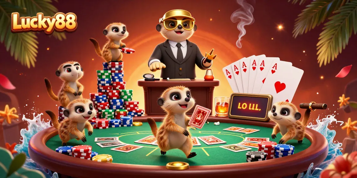 Experience excitement with Lucky88 as meerkats deal cards in a vibrant casino scene.