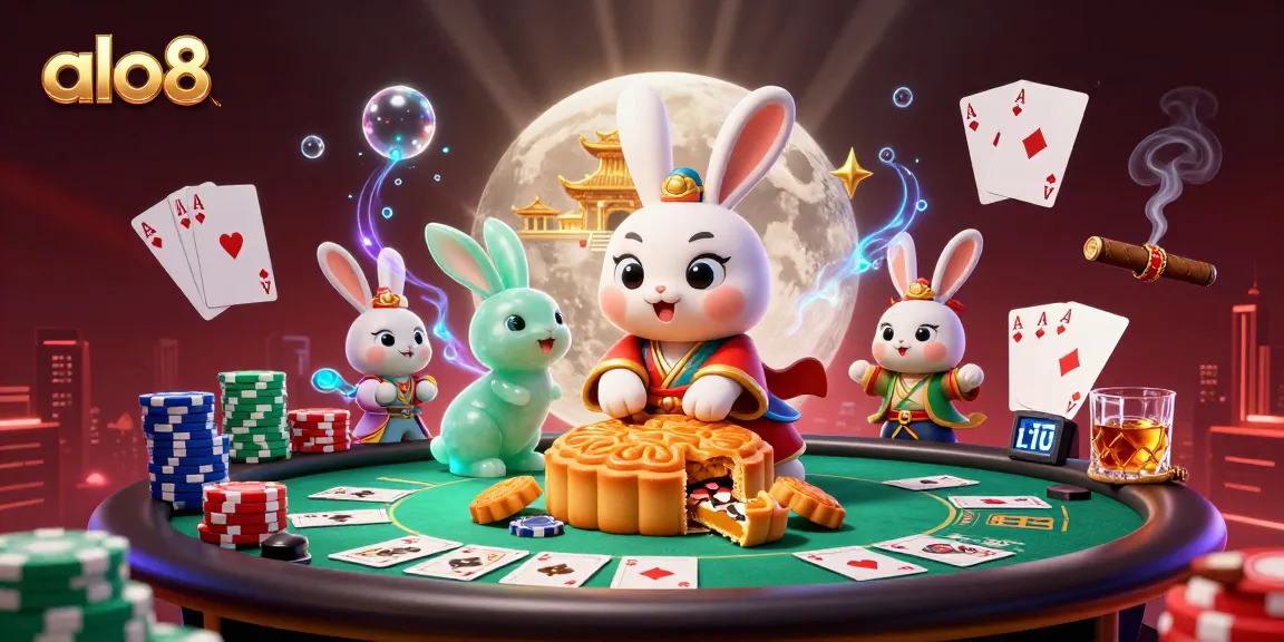 Engage with the thrill of alo8 while watching a moon rabbit revealing poker chips from mooncakes in an enchanting scene.