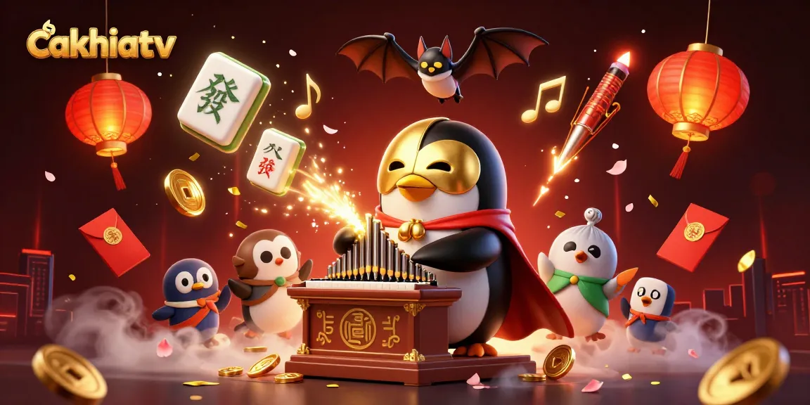 Cakhiatv showcases a vibrant 3D illustration featuring a penguin playing an organ with golden coins, celebrating online gambling.