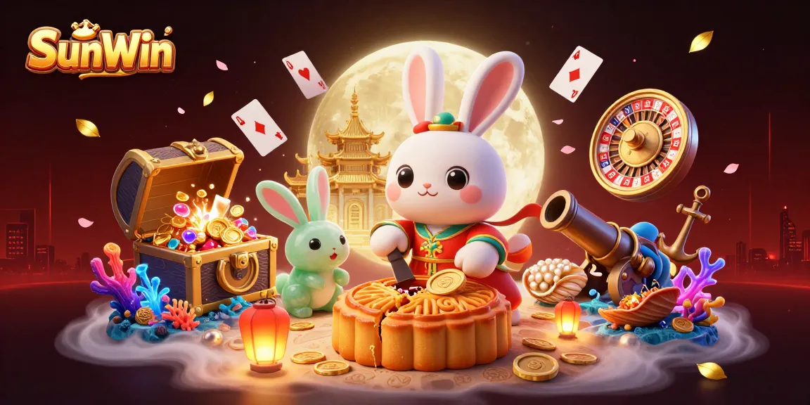 Players enjoying vibrant SunWin slots while moon rabbits celebrate with poker chips in a festive online casino scene.
