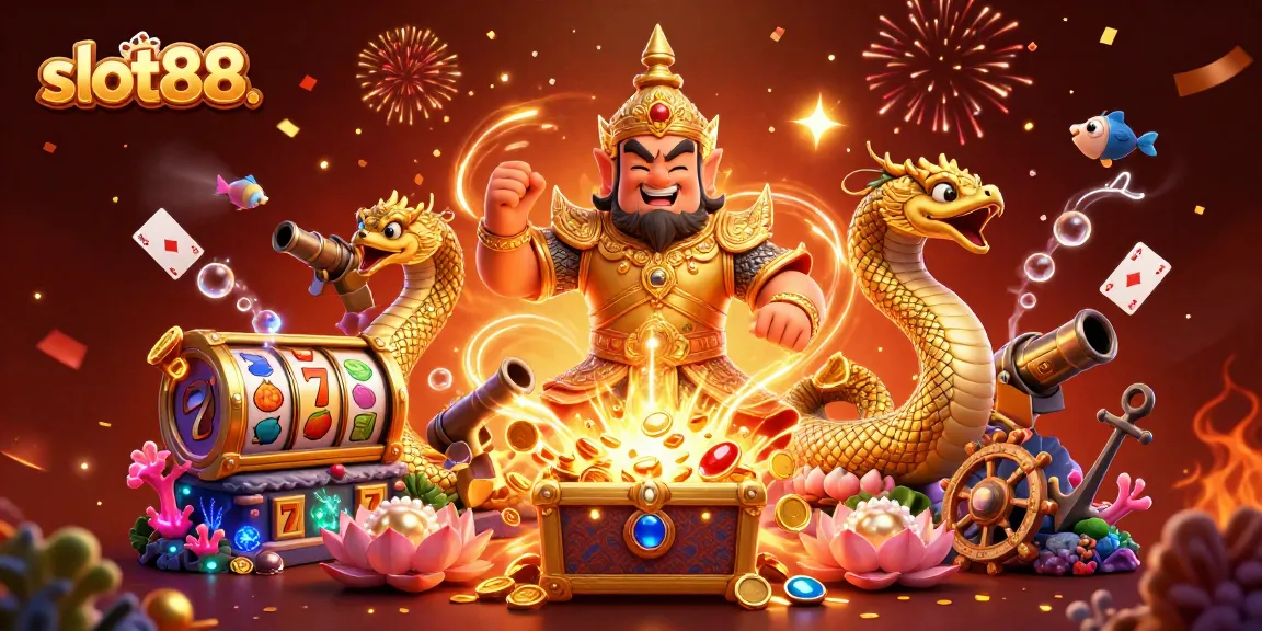 Slot88 menampilkan penjaga kuil dengan naga, simbol permainan slot, dan peti harta karun yang berkilauan.