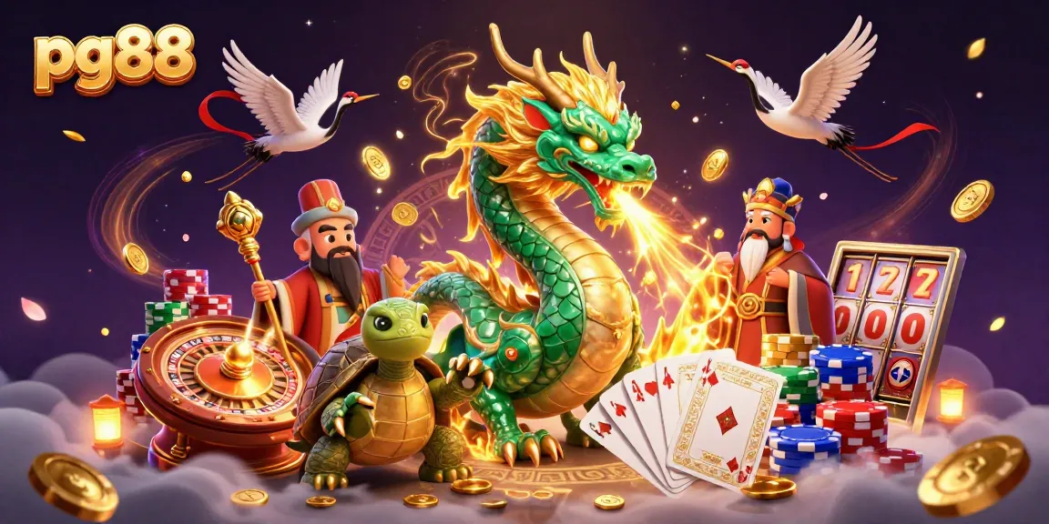 Experience thrilling moments at pg88 with a massive dragon, wise turtle, and lucky cranes in action-filled casino scene.