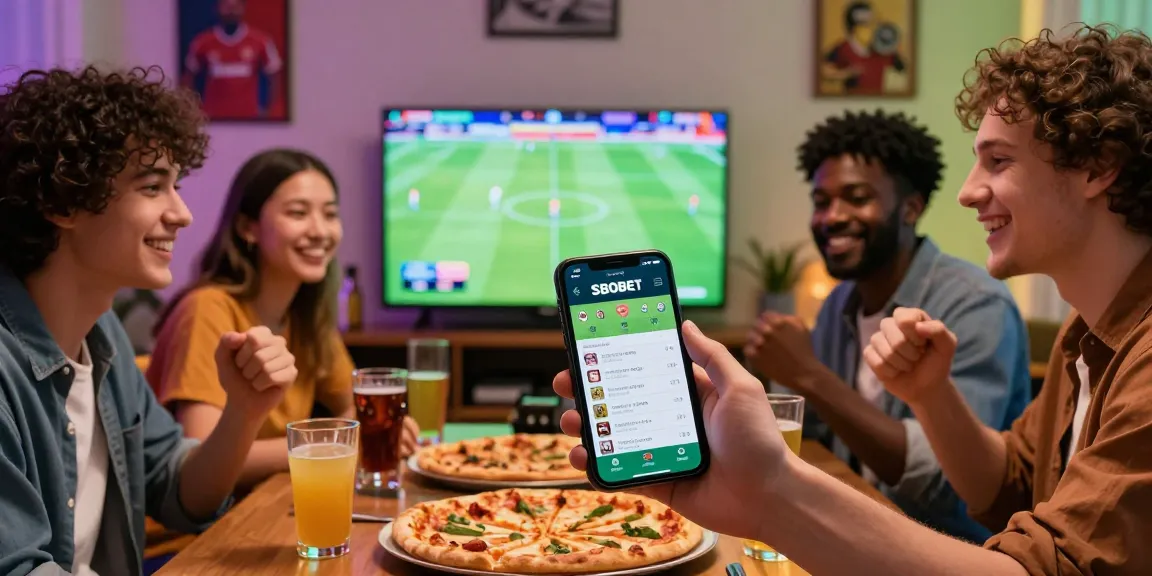 SBOBET online betting experience with friends celebrating while watching football and using the betting app.