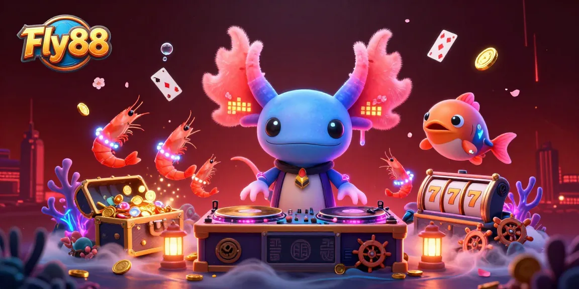 Fly 88 showcases vibrant gaming excitement with a neon axolotl DJ and colorful gambling elements.