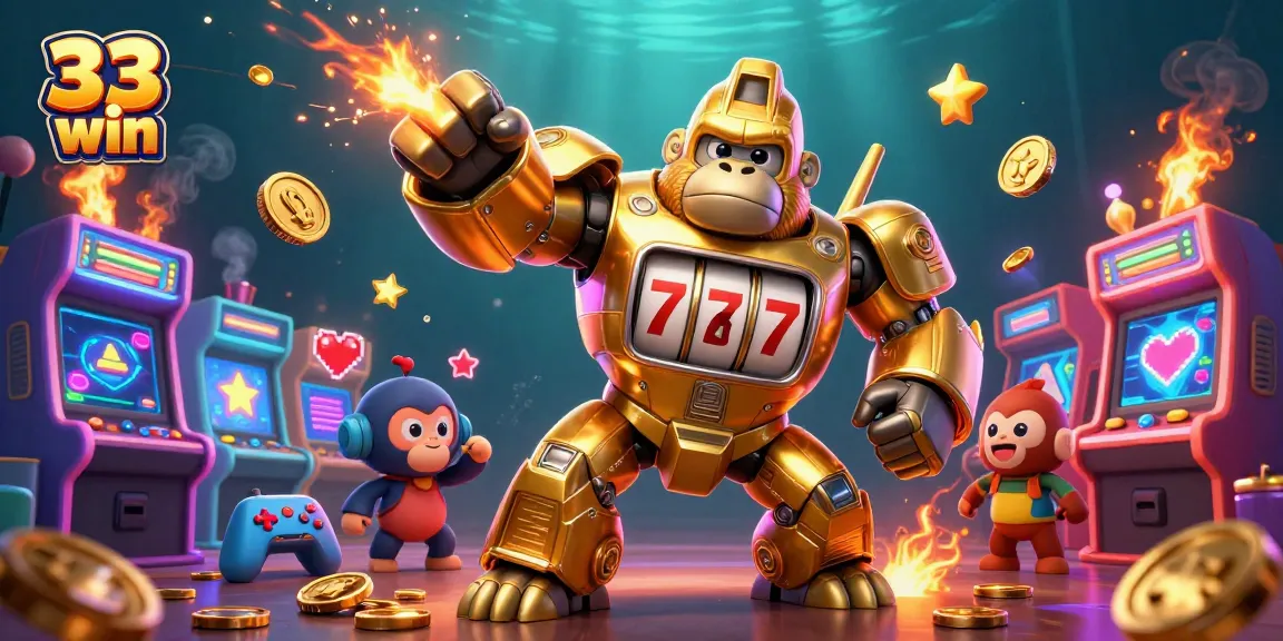 Experience the thrill of 33 win with a dynamic and vibrant 3D casino scene showcasing a golden mech and captivating game elements.