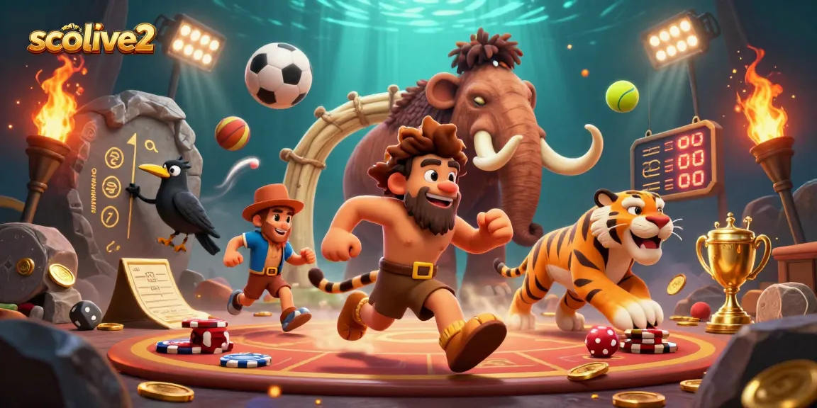 Socolive2 showcases a vibrant prehistoric casino scene with a caveman, sabertooth tiger, and sports elements.