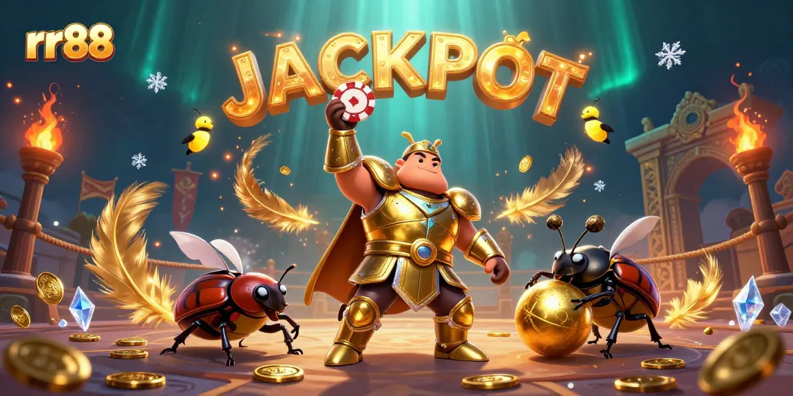 Experience thrilling gameplay at rr88 with a victorious beetle lifting a poker chip amidst swirling casino elements.
