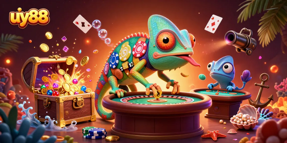 Win big with uy88 as the vibrant chameleon casino owner captures golden coins in a colorful gaming scene.