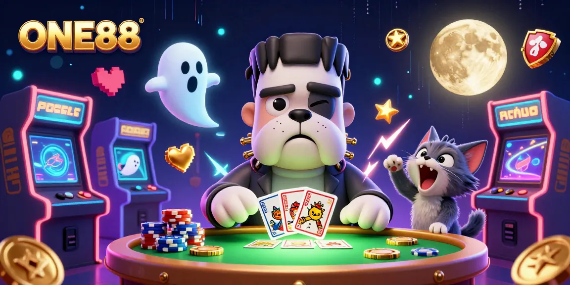 ONE88 showcases a lively casino scene with a bulldog dealer and a ghost mouse, perfect for gambling enthusiasts.
