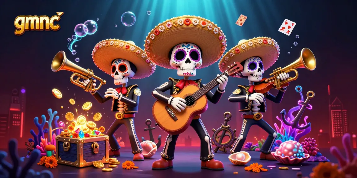 Engage in thrilling gaming adventures with gmnc, featuring a 3D mariachi band amid treasure chests and vibrant casino elements.