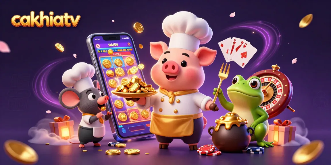 CakhiaTV entertains with a vibrant scene featuring a gold coin chef and immersive gaming elements.