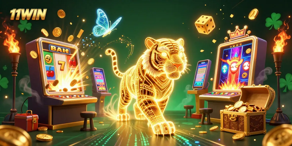 Experience thrilling gaming with 11WIN's vibrant casino scene featuring a neon tiger and jackpot action.