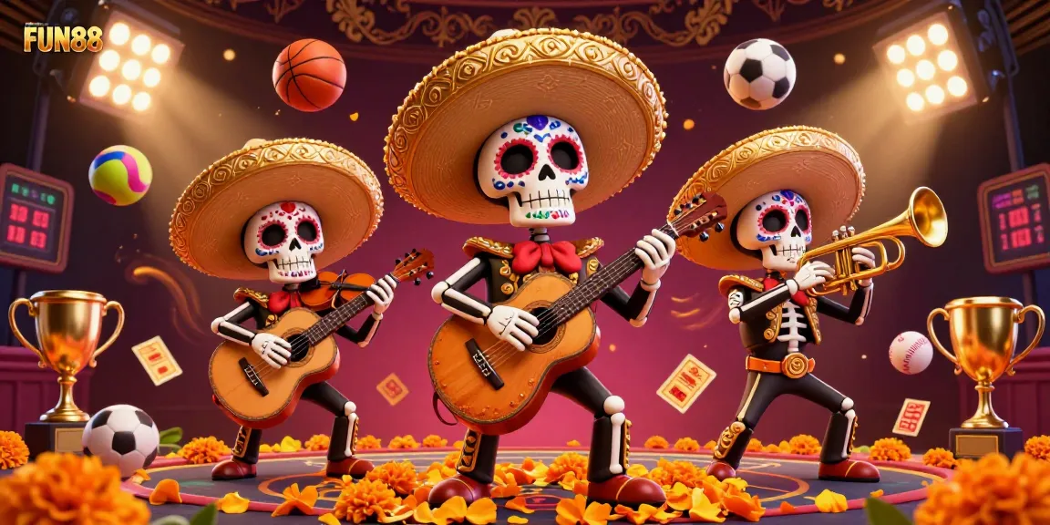 Experience the thrill of FUN88 with vibrant 3D casino action from a mariachi band playing amidst colorful sports elements.