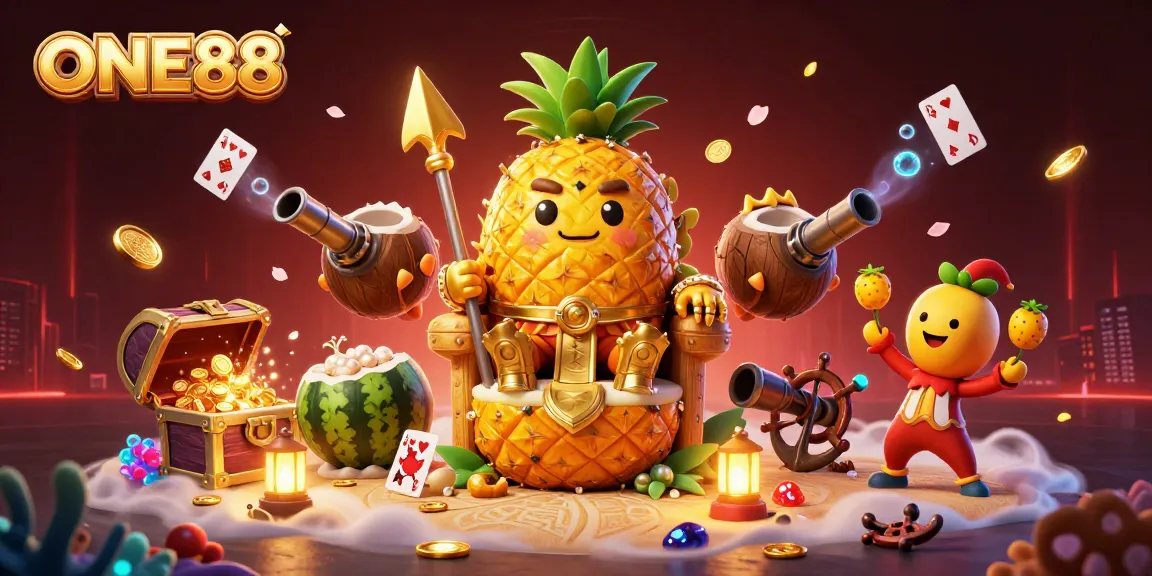 ONE88 showcases vibrant 3D illustration with whimsical casino elements and golden treasures.