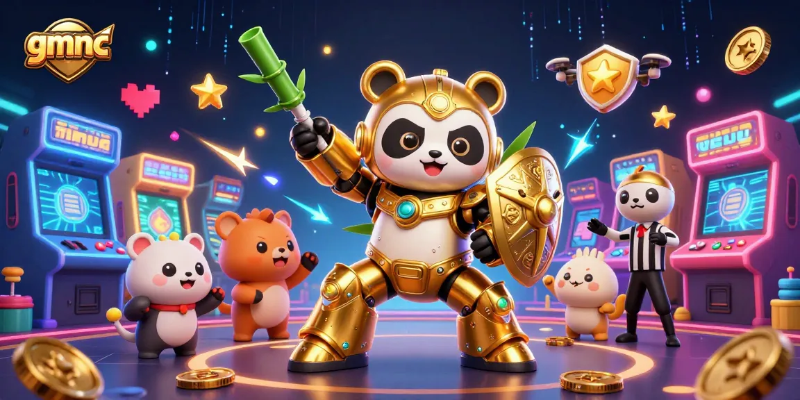 Engage with gmnc's dynamic 3D casino scene featuring a golden panda in mech-suit action!