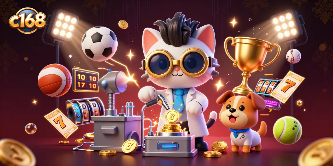 c168 casino game scene with mad scientist cat and lab assistant dog creating gold coins for gaming
