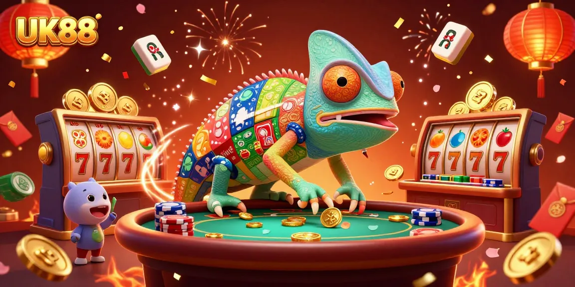 Engage in UK88 gaming strategies with a vibrant casino illustration showcasing a chameleon owner and exciting elements.