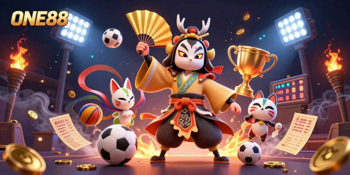 Engage with the thrilling action of ONE88, showcasing a dynamic sports betting scene with vivid illustrations.