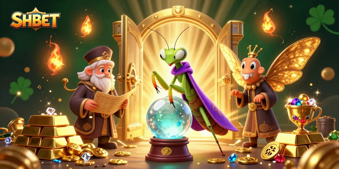SHBET gamblers revel in a magical casino scene with vibrant treasures and mystical characters.