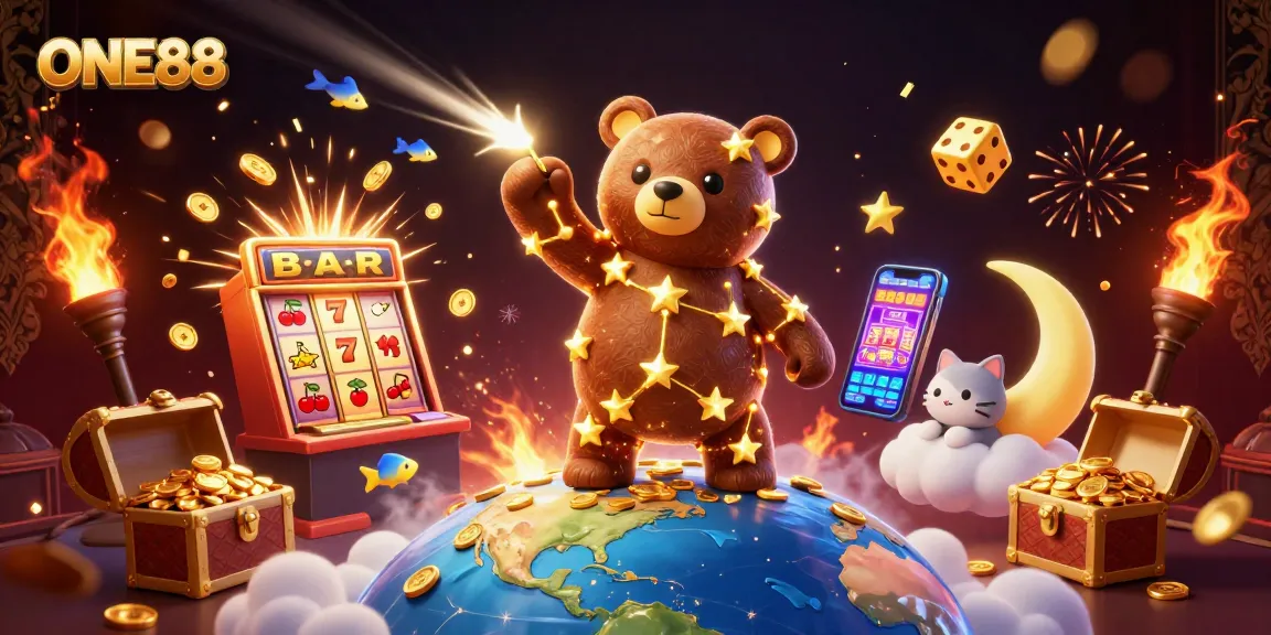 ONE88 showcases an enchanting casino scene with fascinating characters and vibrant gaming elements.