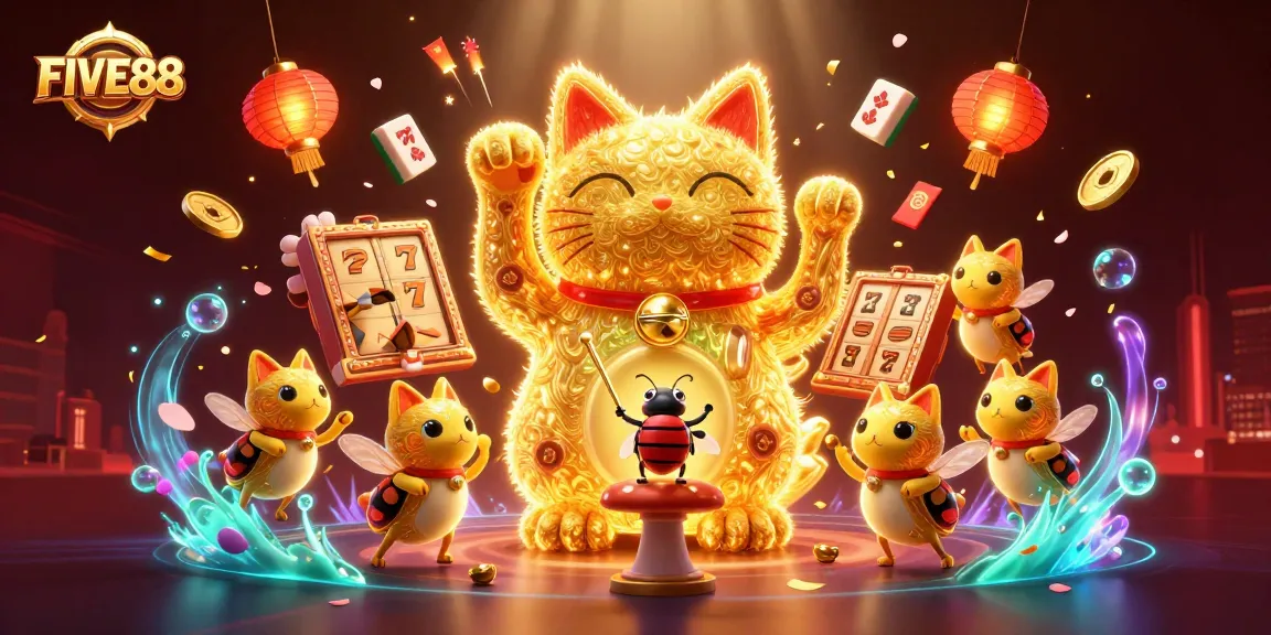 Experience excitement with FIVE88's colorful enhanced casino illustration featuring lucky symbols and cinematic lighting.