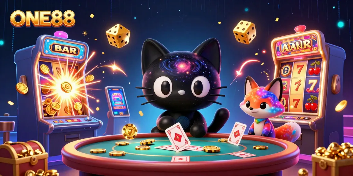 Engage with ONE88 as the black hole cat reveals jackpot winnings in a vibrant casino scene.