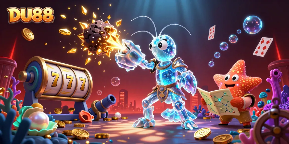 Win big with DU88 in this vibrant 3D casino scene featuring slot reels and treasure.