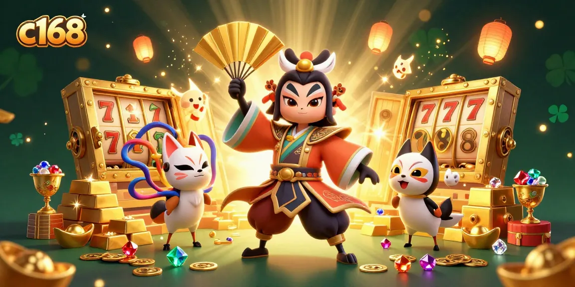 C168 offers an exciting 3D illustration of a kabuki warrior and kitsune celebrating casino winnings amidst vibrant treasures.