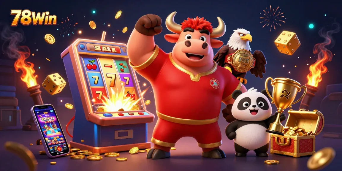 Experience winning excitement at 78Win with a vibrant casino victory scene featuring mascots and jackpots.