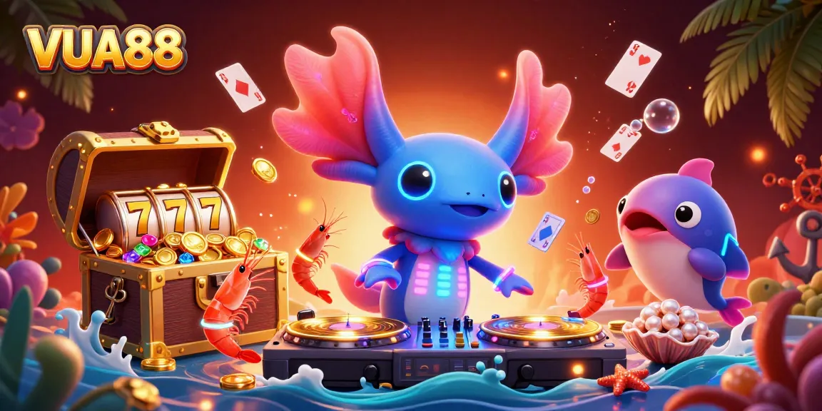VUA88 showcases vibrant neon characters enjoying a thrilling underwater casino adventure.