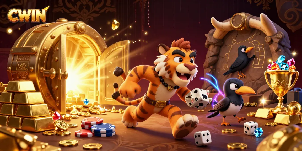 CWIN gamblers enjoy an animated scene of a prehistoric casino with vibrant treasures.