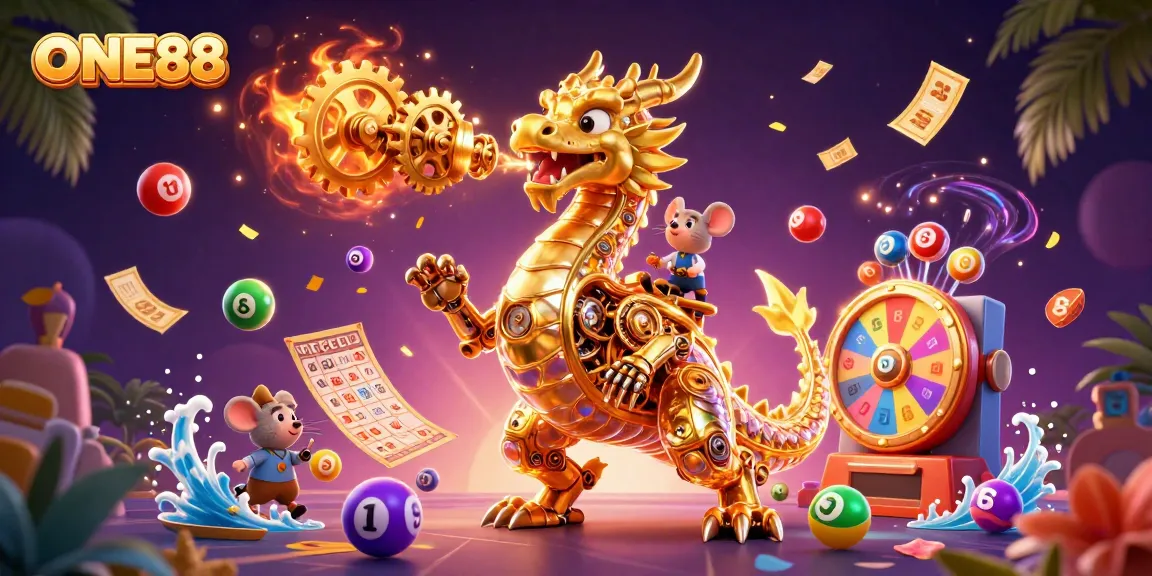 Experience the enchanting world of ONE88 with a golden dragon, bingo cards, and lottery balls.